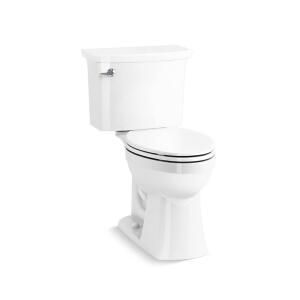 Kohler Elmbrook 12-Inch Rough-In Two-Piece Elongated Chair Height Toilet with Single Flush (1.28 GPF) in White, featuring a Soft Close Seat.