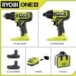 RYOBIONE 18V Cordless 2-Tool Combo Kit with Drill/Driver, Impact Driver, (2) 1.5 Ah Batteries, and Charger