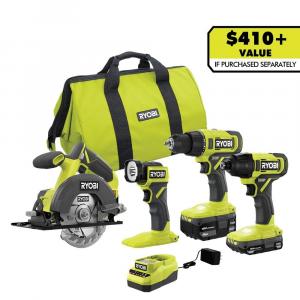 RYOBI ONE+ 18V Cordless 4-Tool Combo Kit with 1.5 Ah Battery, 4.0 Ah Battery, & Charger