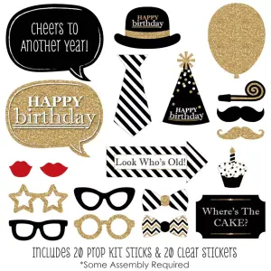 Big Dot of Happiness 20 Count Adult Happy Birthday - Gold Photo Booth Props Kit