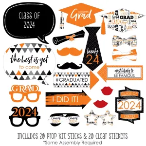 Big Dot of Happiness 20-Count Orange 2024 Graduation Party Photo Booth Props Kit