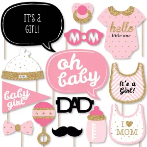 Big Dot of Happiness 20-Count Hello Little One - Pink and Gold - Girl Baby Shower Photo Booth Props Kit